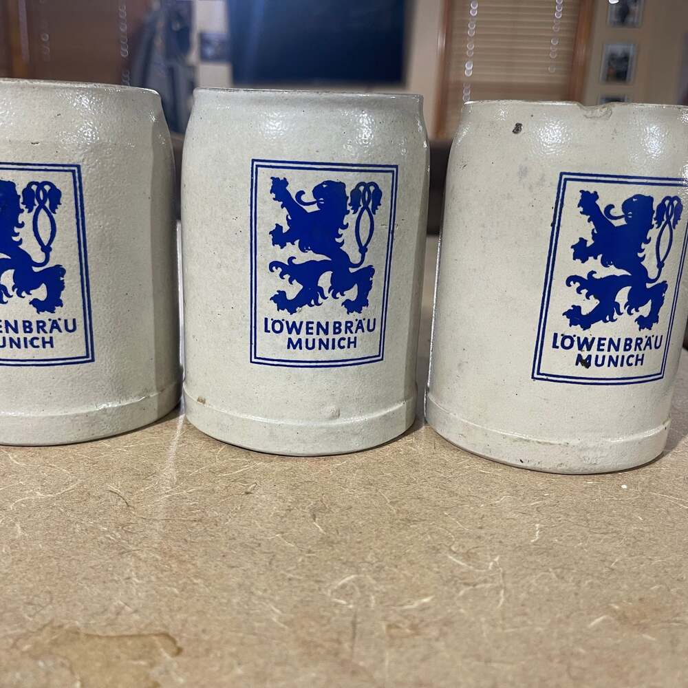 3 Vintage Lowenbrau Munchen Seit 1383 German Stoneware Beer Mug 0.5L